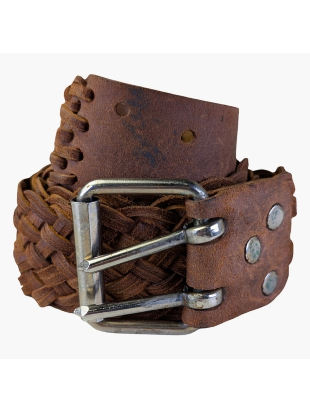 Vintage Brown Wide Braided Leather Unisex Belt | Double Prong | 30–35" Waist